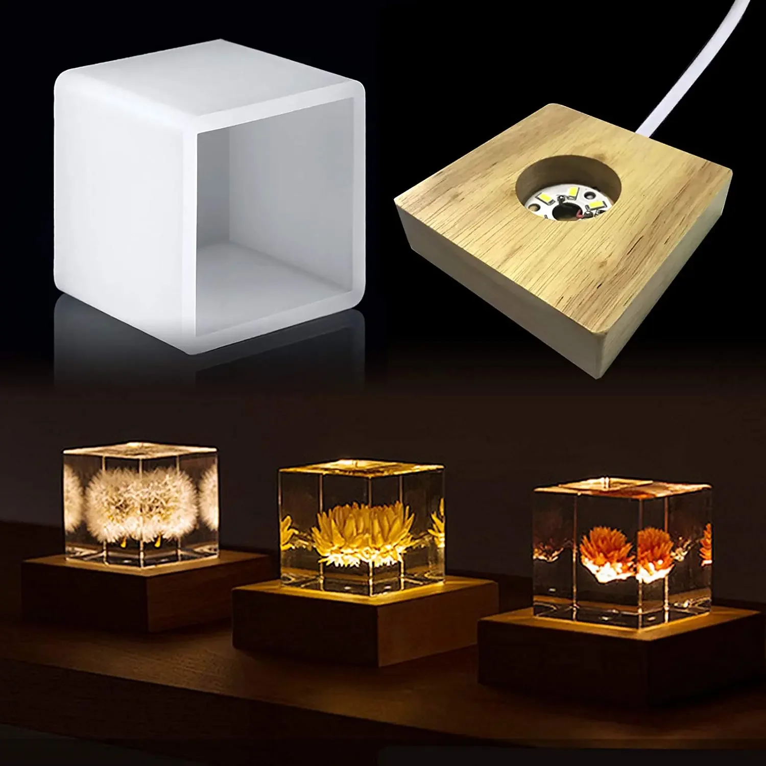 Resin Art Lamp - แม่พิมพ์เรซินแสงสี่เหลี่ยม, แม่พิมพ์ซิลิโคน LED สําหรับเรซิน, แม่พิมพ์ซิลิโคนเรซินพร้อมขาตั้งฐานไม้สําหรับงานศิลปะเรซิน