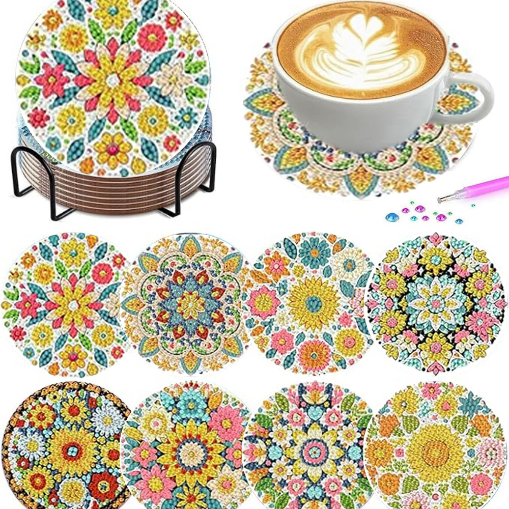 Resin Art Of Flowers - ชุด 8 ชิ้น/ชุดที่รองแก้วเพชรประดับลายพวงมาลัยดอกไม้ (พร้อมฐาน) - ชุดงานศิลปะทำมือ